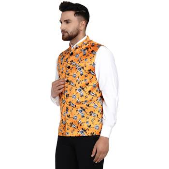 Yellow printed satin nehru-jacket 3