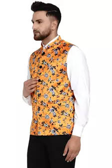 Yellow printed satin nehru-jacket