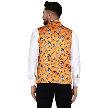 Yellow printed satin nehru-jacket 4