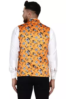 Yellow printed satin nehru-jacket