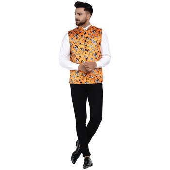 Yellow printed satin nehru-jacket 5