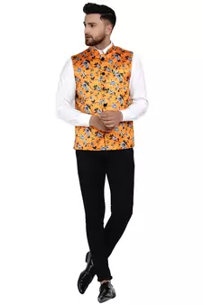 Yellow printed satin nehru-jacket