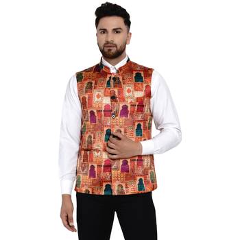 Beige printed satin nehru-jacket 1