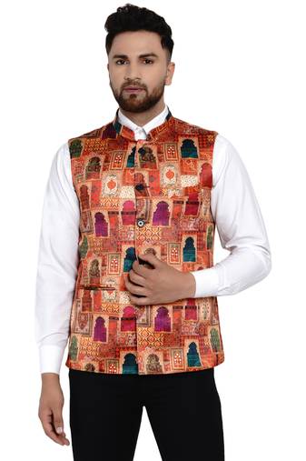 Beige printed satin nehru-jacket