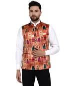 Beige printed satin nehru-jacket