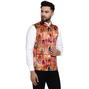 Beige printed satin nehru-jacket 2