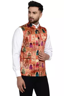 Beige printed satin nehru-jacket