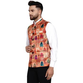 Beige printed satin nehru-jacket 3