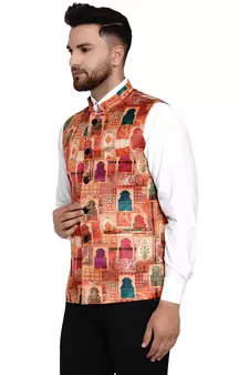Beige printed satin nehru-jacket