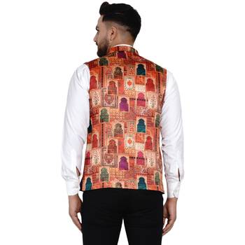 Beige printed satin nehru-jacket 4