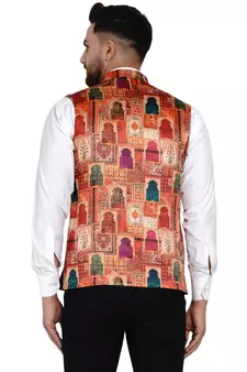 Beige printed satin nehru-jacket