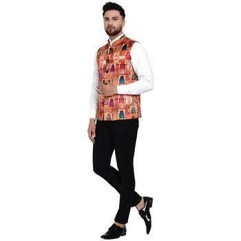 Beige printed satin nehru-jacket 5