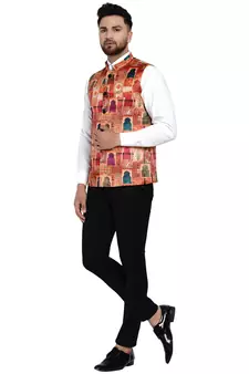 Beige printed satin nehru-jacket