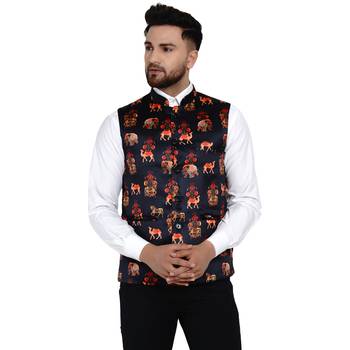 Black printed satin nehru-jacket 1