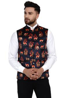 Black printed satin nehru-jacket