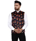 Black printed satin nehru-jacket