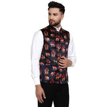 Black printed satin nehru-jacket 2
