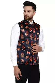 Black printed satin nehru-jacket