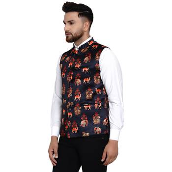 Black printed satin nehru-jacket 3