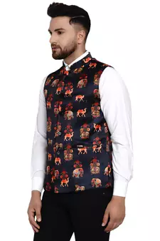 Black printed satin nehru-jacket