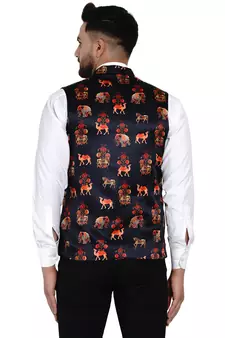 Black printed satin nehru-jacket