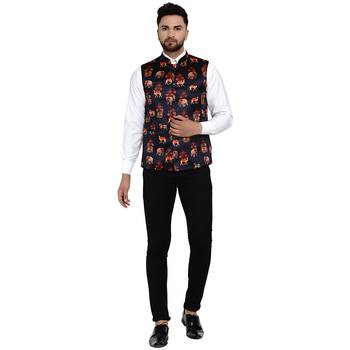 Black printed satin nehru-jacket 5