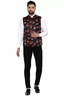 Black printed satin nehru-jacket