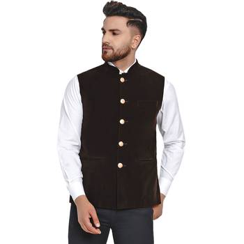 Brown plain velvet nehru-jacket 1