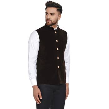 Brown plain velvet nehru-jacket 2