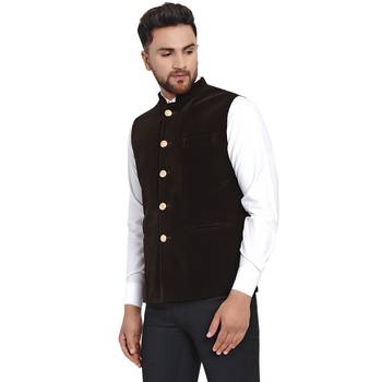 Brown plain velvet nehru-jacket 3