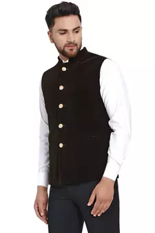 Brown plain velvet nehru-jacket