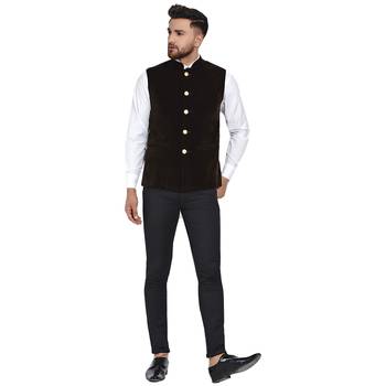 Brown plain velvet nehru-jacket 5