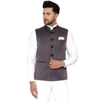 Grey plain cotton nehru-jacket 1