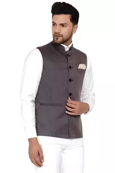 Grey plain cotton nehru-jacket