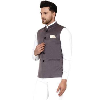Grey plain cotton nehru-jacket 3