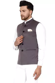 Grey plain cotton nehru-jacket