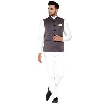 Grey plain cotton nehru-jacket 5