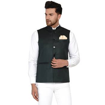 Green plain cotton nehru-jacket 1