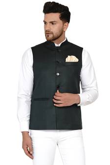 Green plain cotton nehru-jacket