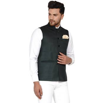 Green plain cotton nehru-jacket 2