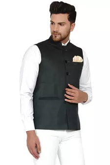 Green plain cotton nehru-jacket