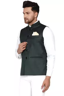Green plain cotton nehru-jacket