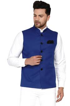 Blue plain cotton nehru-jacket