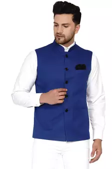 Blue plain cotton nehru-jacket