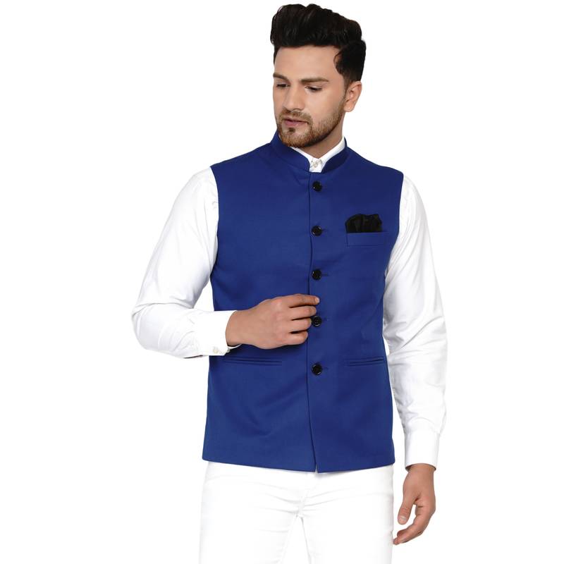 Blue plain cotton nehru-jacket