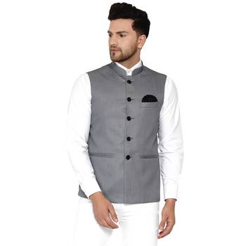 Grey plain cotton nehru-jacket 1