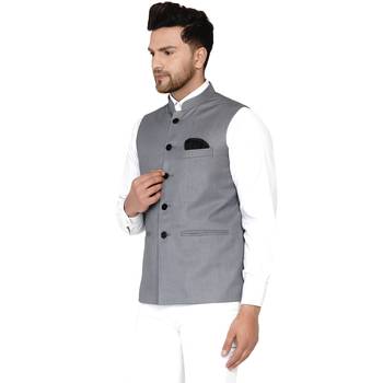 Grey plain cotton nehru-jacket 3
