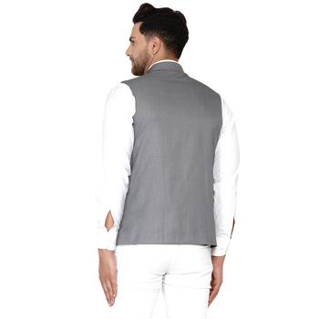 Grey plain cotton nehru-jacket 4