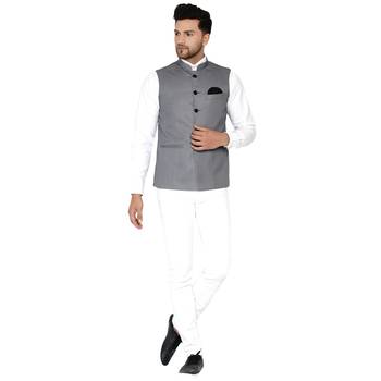 Grey plain cotton nehru-jacket 5
