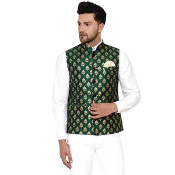 Green Banarasi Brasso Work Nehru Jacket 1